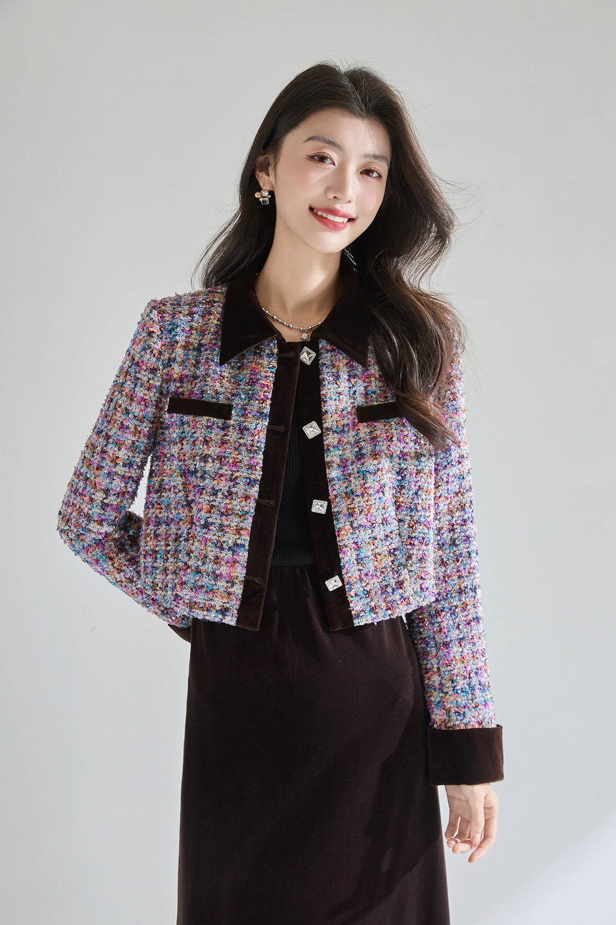 French-Style Multicolor Tweed Jacket | Elegant Women’s Blazer