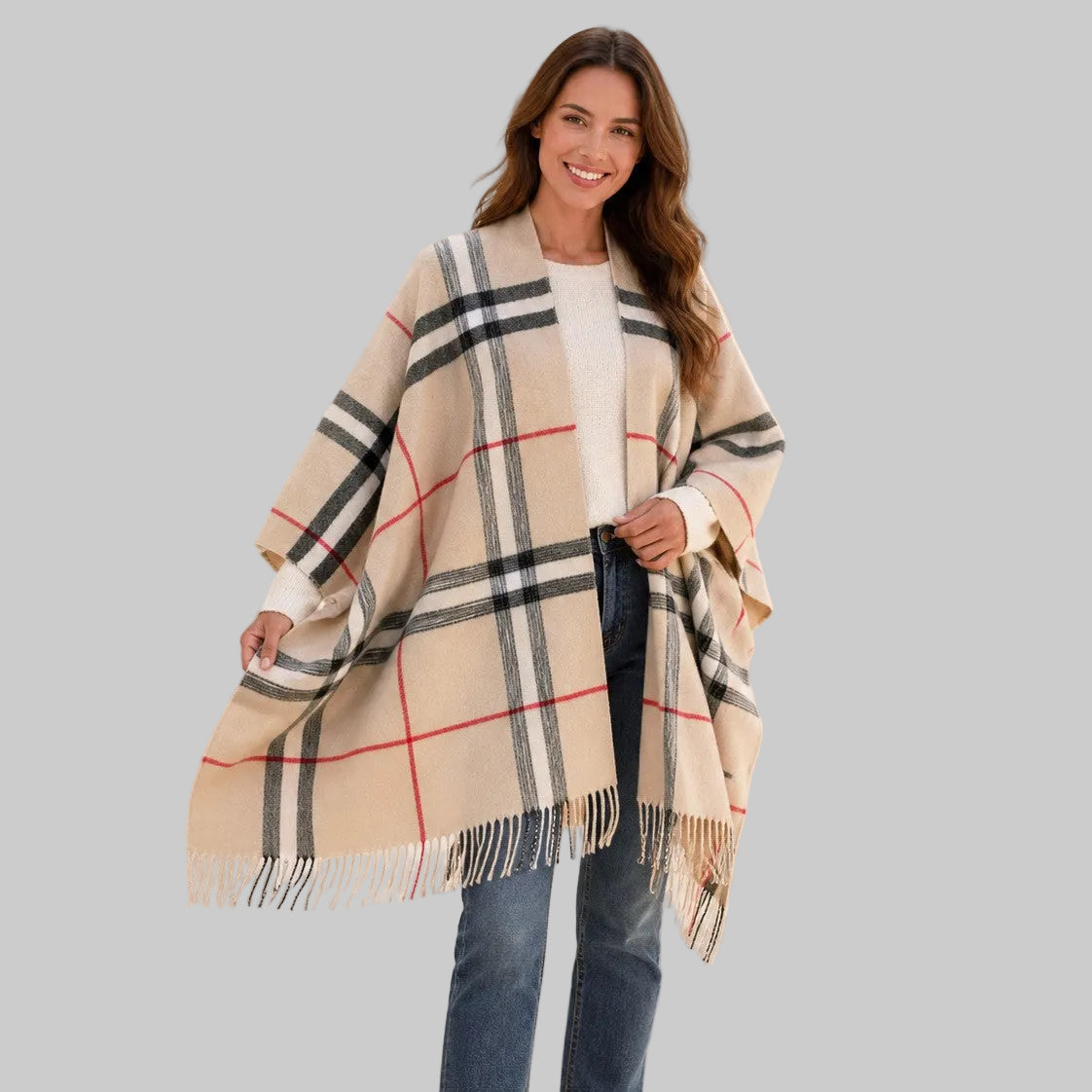 Women’s Plaid Cashmere-Feel Poncho Shawl – Warm Fringed Cape Wrap