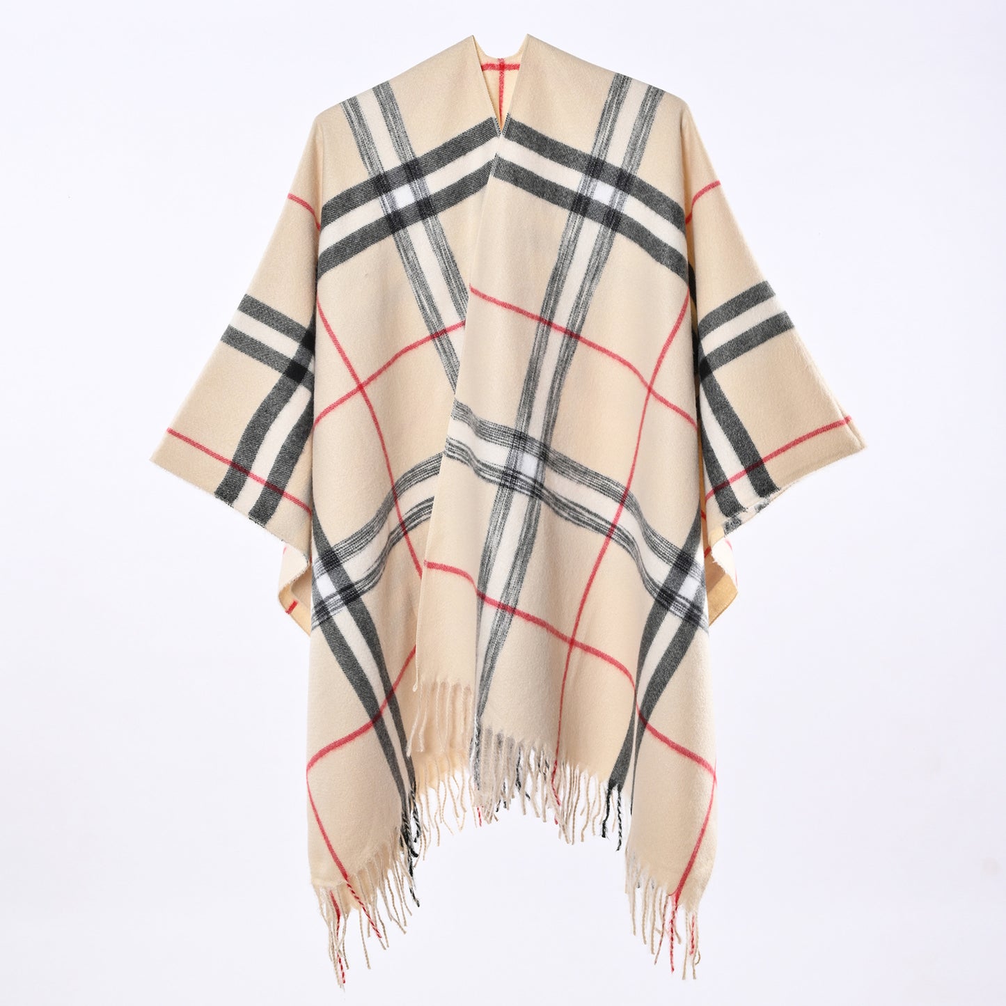 Women’s Plaid Cashmere-Feel Poncho Shawl – Warm Fringed Cape Wrap