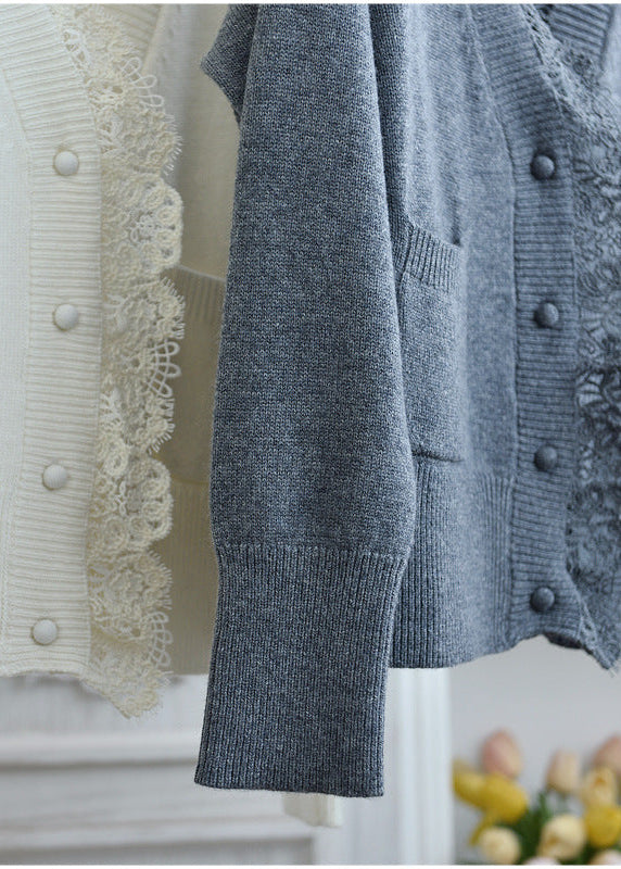 Women’s Lace Trim Wool Cardigan – V-Neck French Style Knit Jacket
