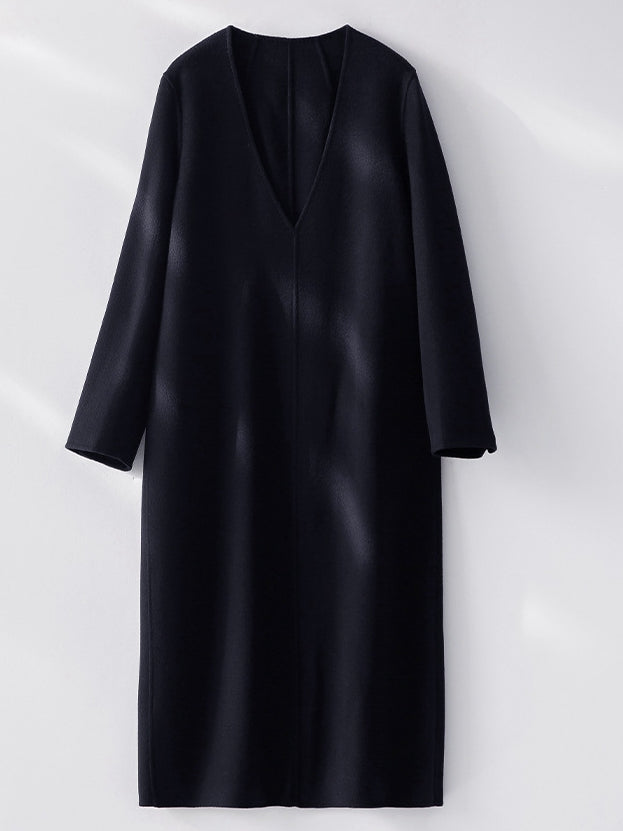 Reversible Cashmere Wool Coat Women, Deep V-Neck Pullover Long Dress Style