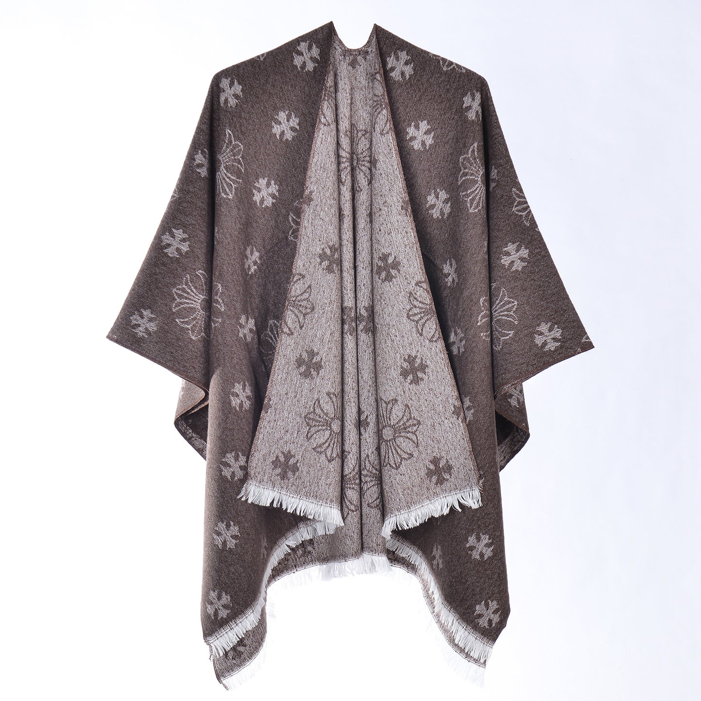 Cashmere-Feel Striped Poncho Shawl 2026031