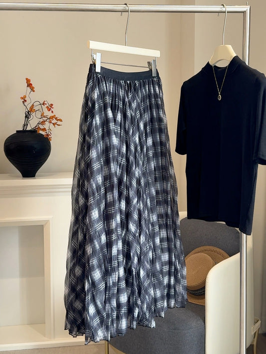 Plaid Mesh Layered Midi Skirt