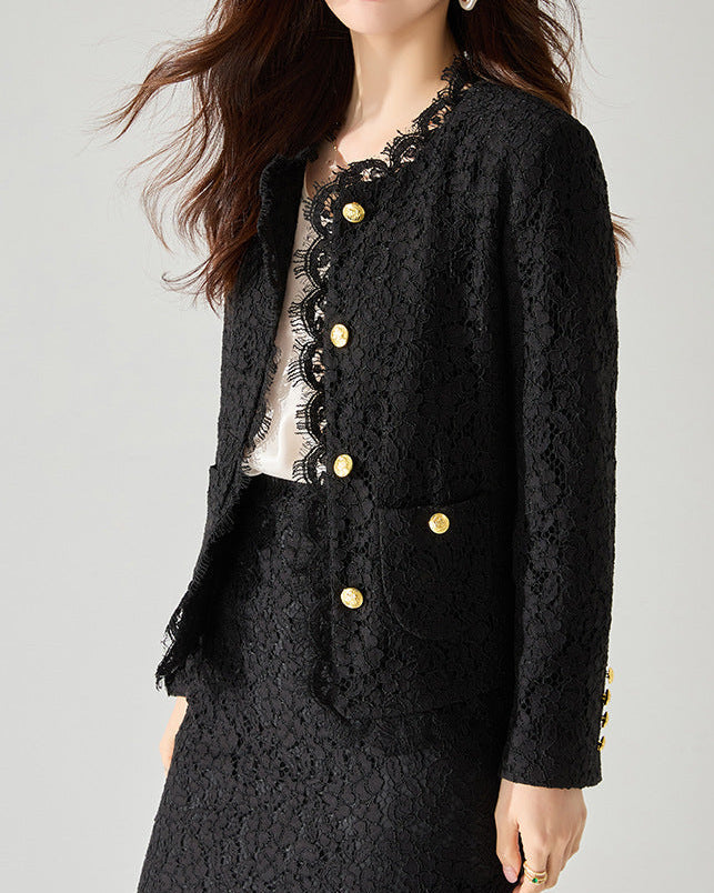 French-Inspired Lace Trim Tweed Jacket – Eyelash Lace Detail