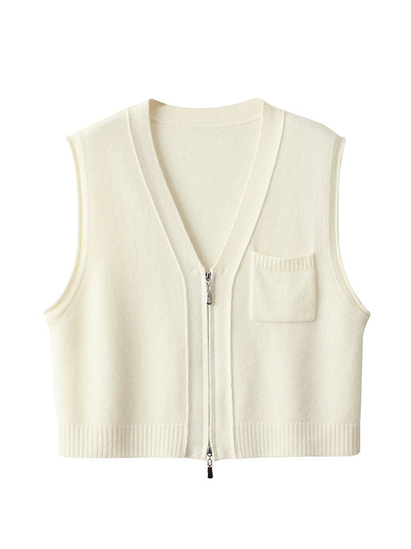 100% Wool Double-Zip V-Neck Vest – Vintage Casual Style