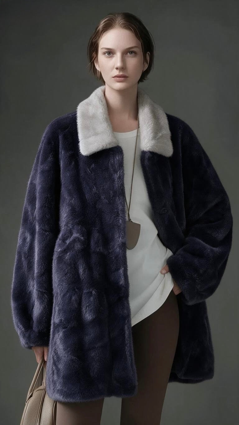 Women's Faux Mink Fur Oversized Coat with Contrast Collar