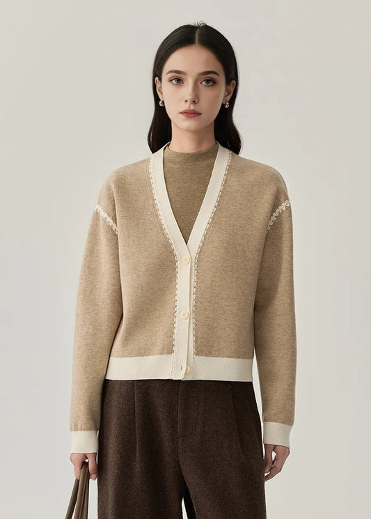 Machine-Washable Wool Cotton Blend Contrast Trim Cardigan