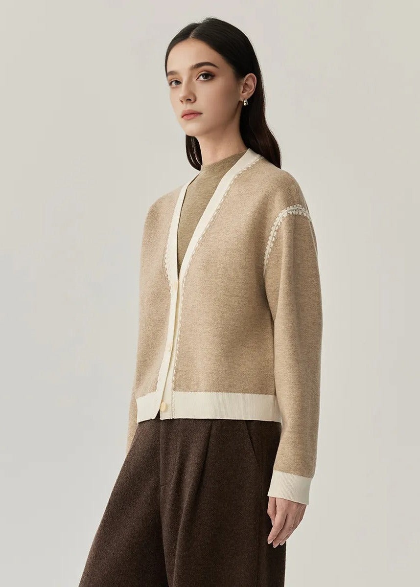 Machine-Washable Wool Cotton Blend Contrast Trim Cardigan