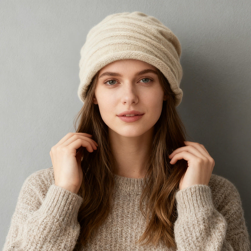 2025 Autumn Winter New 100% Cashmere Hat for Women, Warm Rolled Edge, Stylish and Fashionable Lazy Slouchy Beanie