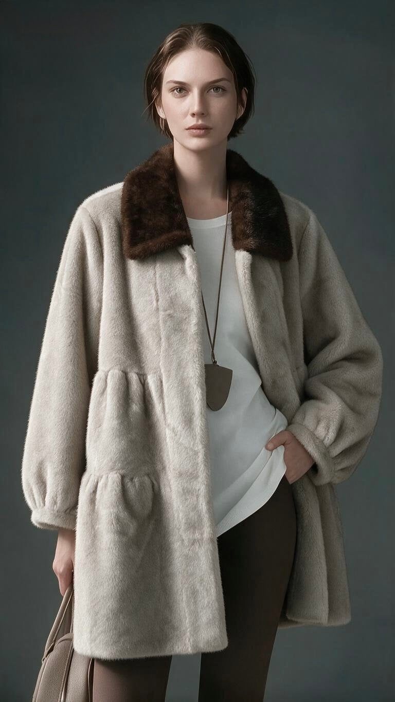 Women's Faux Mink Fur Oversized Coat with Contrast Collar