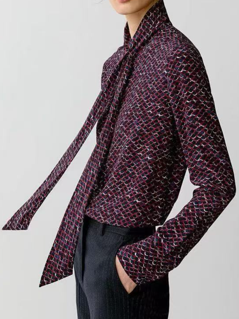 Elegant Old Money Style | 100% Silk Crepe de Chine Scarf-Tie Blouse